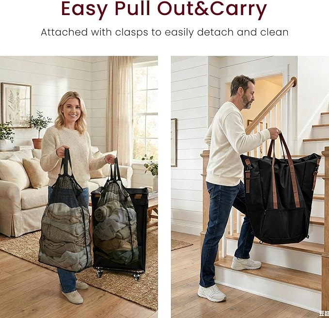 Double Laundry Hamper with Lid, Rolling Laundry Basket with Wheels and 2 Removable 75L Bags, 2 Section Large Capacity for Laundry Bedroom Bathroom Dorm, Easy Move & Organize,150L Black