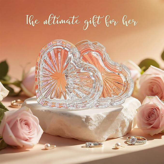 kanpura Clear Glass Jewelry Box Heart Shape Cute Box for Storage Ring Earring Trinket Vintage Decorative Glass Jar with Lid Christmas Gift for Women, Mom