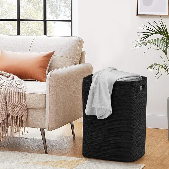 MEGASKET Large Laundry Hamper 16"x13"x22" - Tall Woven Laundry Basket, Cotton Rope Dirty Clothes Hamper, Baby Kids Nursery Wicker Laundry Basket, Bedroom Aesthetic, Soft Laundry Bin, Black Hamper, 75L