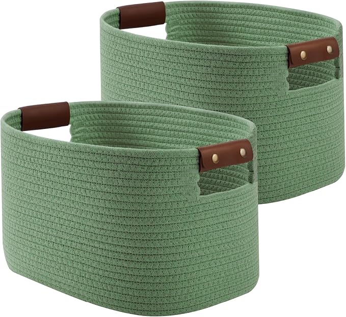 ECDYQXVU Cotton Rope Basket, Storage Baskets with Handle, 15x10x9 Inch Woven Basket for Shelves, Laundry, Towels, Clothes, Books (Green 2Pack)