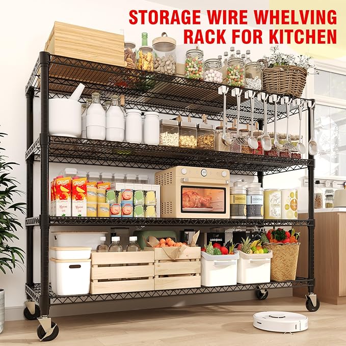 Garvee 4-Tiers Storage Shelves Heavy Duty Garage Shelving Units with Wheels 59" W x 71.8" H, 2640LBS Rolling Wire Shelving Rack, Adjustable Shelf for Garage Kitchen Warehouse Industrial Pantry
