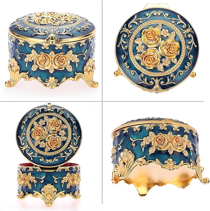 Hipiwe Antique Metal Jewelry Box Ring Earring Treasure Chest Case Small Trinket Box Round Jewelry Display Box Necklace Organizer Wedding Birthday Gift Home Decor, 3x3x2.4 inch