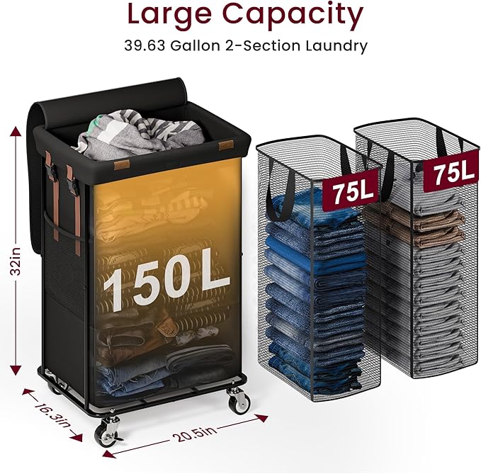 Double Laundry Hamper with Lid, Rolling Laundry Basket with Wheels and 2 Removable 75L Bags, 2 Section Large Capacity for Laundry Bedroom Bathroom Dorm, Easy Move & Organize,150L Black
