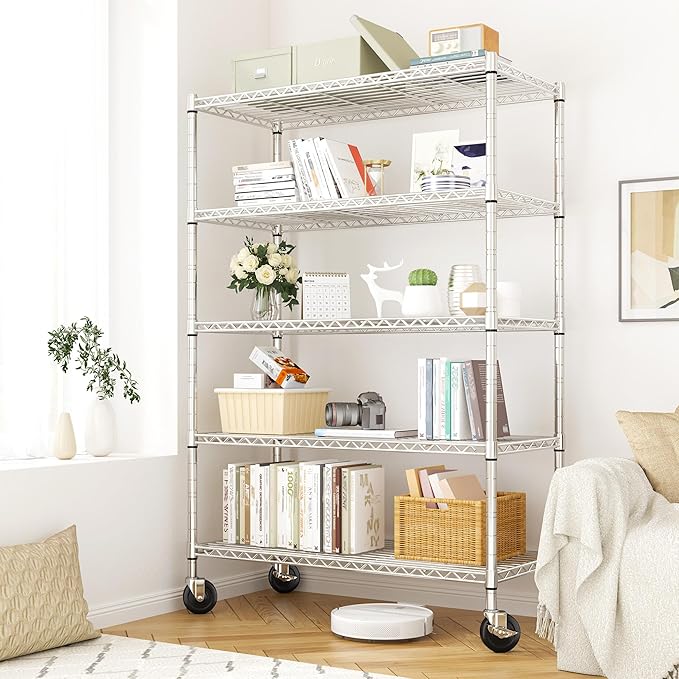 REIBII 73''H Storage Shelves 1660LBS Wire Shelving Unit with Wheels 5 Tier Metal Shelving,Heavy Duty Metal Shelves for Storage Rack,Commercial Industrial for Garage Kitchen 73''HX35''WX15''D,Chrome