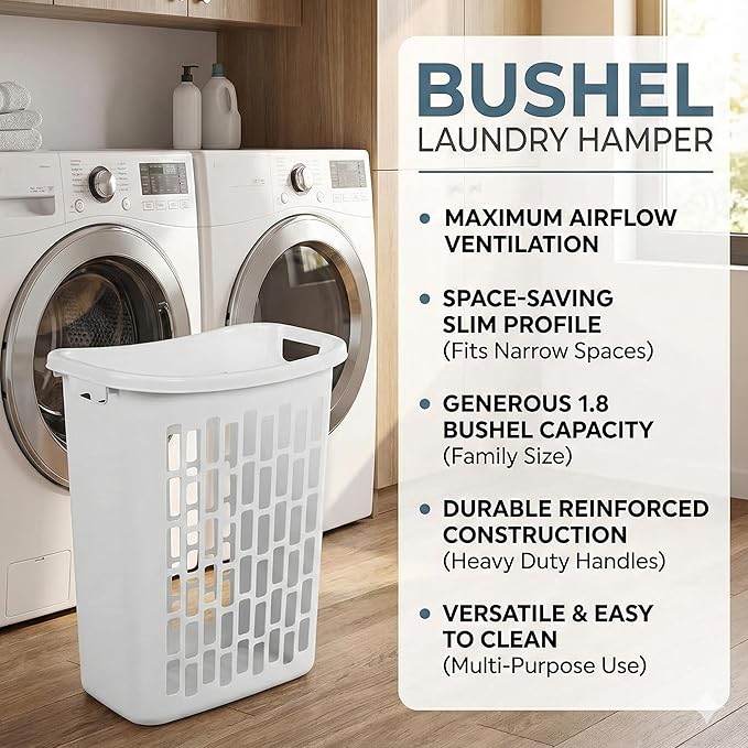 Bushel Laundry Hamper, Slim Rectangular Ventilated Plastic Clothes Basket, Heavy Duty Washing Bin With Reinforced Handles for Bathroom, Dorm, and Closet Organization, White, 1 Pack