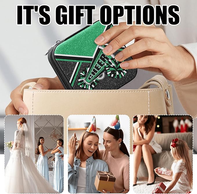 Cheerleader Travel Jewelry Case, Cheer Travel Jewelry Box for Women, Mini Jewelry Travel Case for Cheer Team, Cheerleader Gifts for Girls (Green)