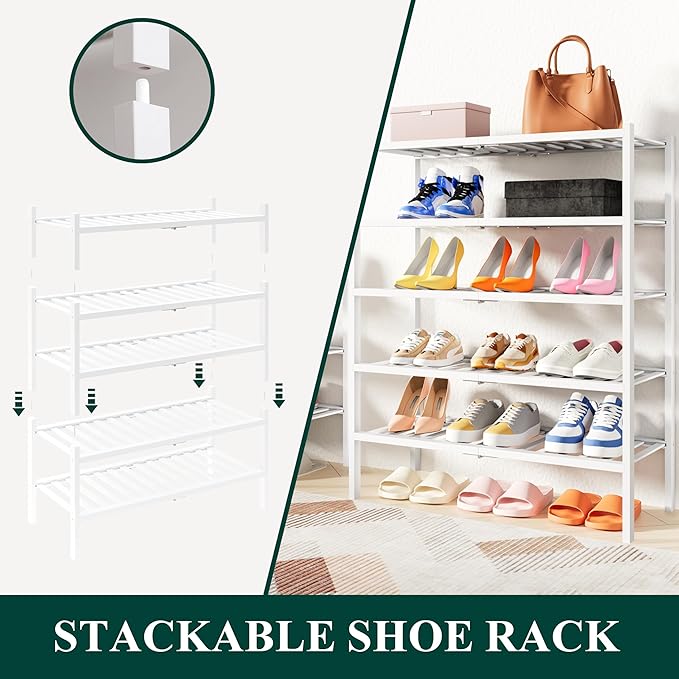 Smiry Shoe Rack, 3 Tier Thick Small Bamboo Shoe Organizer, Stackable Free Standing Wooden Shoe Storage Shelf for Closet, Entryway, Front Door Entrance, White