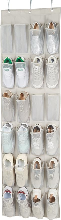 Amazon Basics 24 Medium Mesh Pocket Over-the-Door Hanging Shoe Organizer, Space Saving Shoe Storage, Light Grey | Over-the-Door, 24