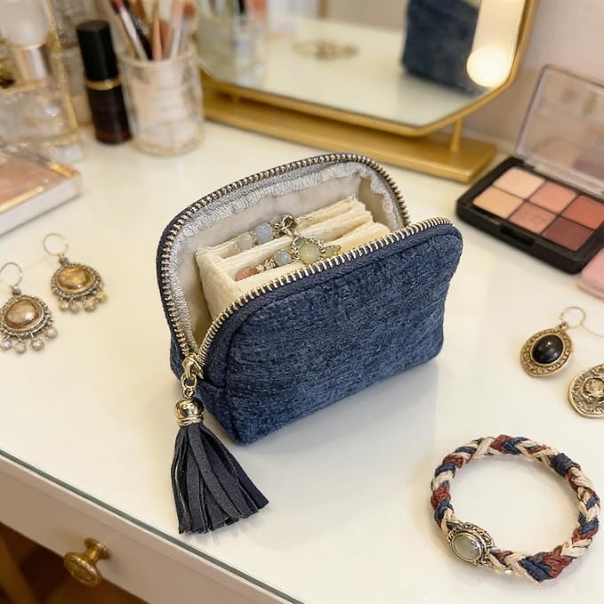 Small Travel Jewelry Case - Jewelry Travel Organizer Bag with Tassel Zipper for Bracelets, Necklaces, Bangles, Jewelry Organizer Storage Bag Gift for Women Girls - LJB001-Royal Blue