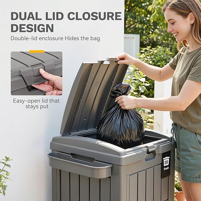 DWVO 38 Gallon Outdoor Trash Can, Set of 2 Resin Garbage Bins with Lids, Includes 2 Sorting Labels, Ash Holder, Stakes & Suction Cups, Hideaway Storage for Patio Backyard Garden, Light Brown