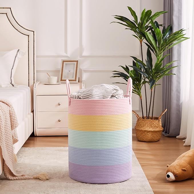 60L Laundry Hamper Basket for Baby Girls and Kids, Pastel Rainbow Unicorn Design, Woven Rope Nursery Basket for Blankets Toys in Playroom, 15Dx20H Inches Large Bedroom Hamper for Clothes