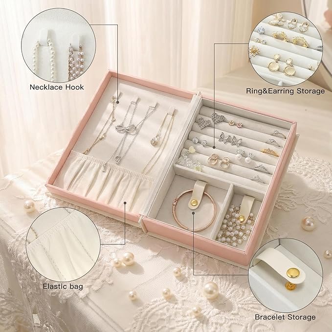 CASEGRACE Jewelry Box Organizer PU Leather Diary Jewelry Box with Magic Book Design Jewelry Case for Earrings Bracelet Necklace Rings Storage for Women, White