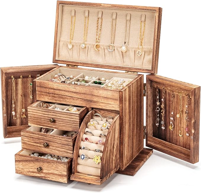 Poyilooo Jewelry Box Organizer, Solid Wood Jewelry Boxes for Women for Storage & Display Necklace Ring Earring Bracelet, Rustic Style Jewelry Organizer Box for Women Gifts (Carbonized Brown)