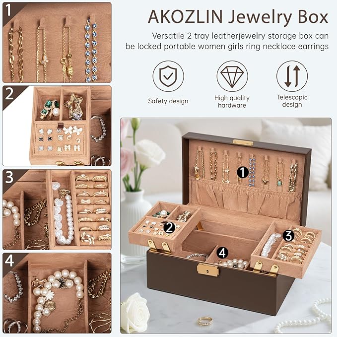 AKOZLIN Travel Jewelry Box Organizer Functional 2-trays Leather Jewelry Storage Case with Lockable Portable for Women Girls Ring Necklace Earring Bracelet