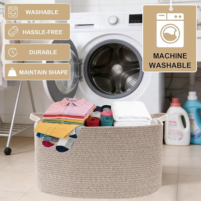 Large Blanket Basket,Woven Rope Basket Storage Bin with Handles,65L Rectangle Laundry Basket for Magazines,Toys,Clothes,Newspaper Shelf Organization,Nursery and Living Room,Brown