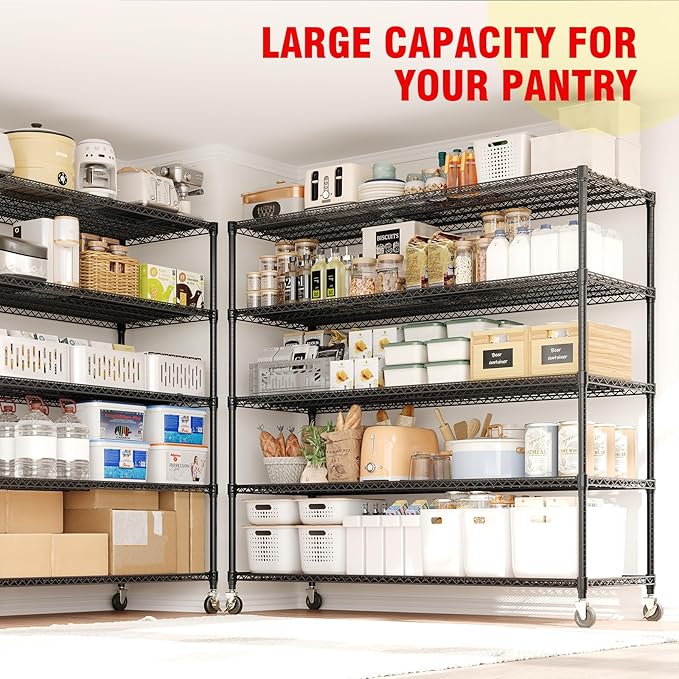 Garvee 5-Tier Metal Shelving with Wheels, Heavy Duty Rolling Storage Shelves 3300LBS Loads, Adjustable Wire Rack Shelving Unit for Garage Kitchen Pantry Commerial, 82" H x 59" W x 23.6" D, Black ﻿ ﻿