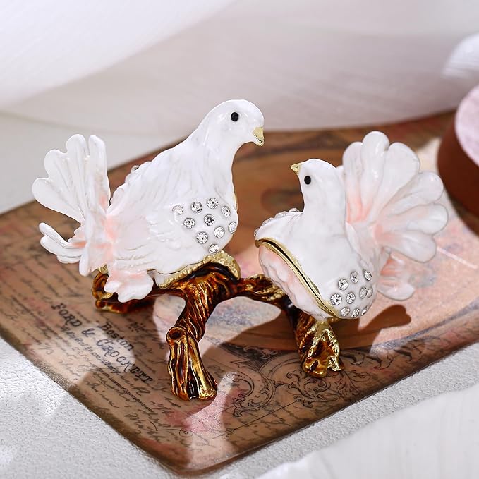 Hand Painted Animal Trinket Box for Home Decor, Hinged Jewelry Organizer Storage, Unique Personalized Collectible Keepsake Figurine Handmade Decorative Ornament Gifts (Dove Couple)