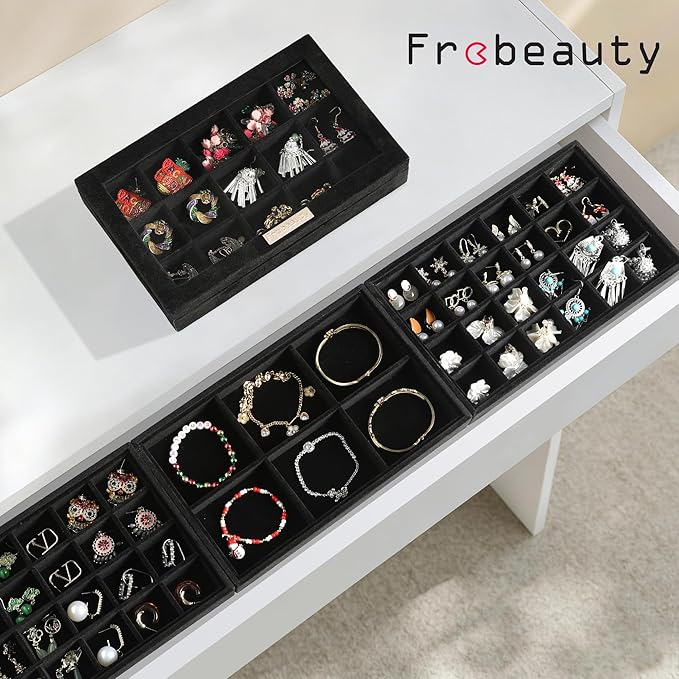 Frebeauty Earring Holder Stackable Jewelry Trays,Velvet Drawer Jewelry Organizer with Glass Lid, 5 in 1 Jewelry Box for Earrings Rings Studs,10.5 x 6.5 x 5.55 Inches Gift for Women (Black)