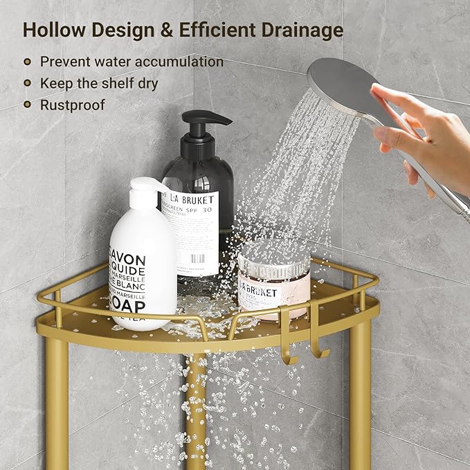 ELYKEN Corner Shower Caddy Standing, 3 Tier Rustproof Metal Shower Organizer with Soap Holder, Floor Shower Corner Shelf Rack Storage Stands with Adjustable Feet & 2 Hooks for Bathroom, Gold