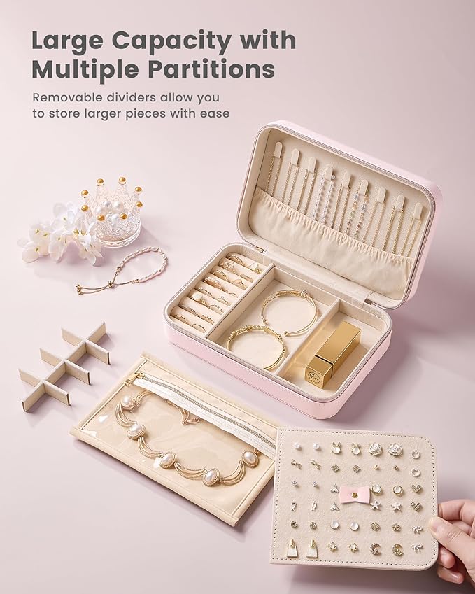 Lolalet Travel Jewelry Case for Women Girls, PU Leather Jewelry Organizer with Clear Storage Bag Small Portable Jewelry Box for Necklace Bracelet Earring Ring Mothers Day Birthday Gifts -Large/Pink