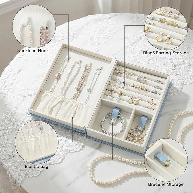 CASEGRACE Jewelry Box Organizer PU Leather Diary Jewelry Box with Magic Book Design Jewelry Case for Earrings Bracelet Necklace Rings Storage for Women, Blue