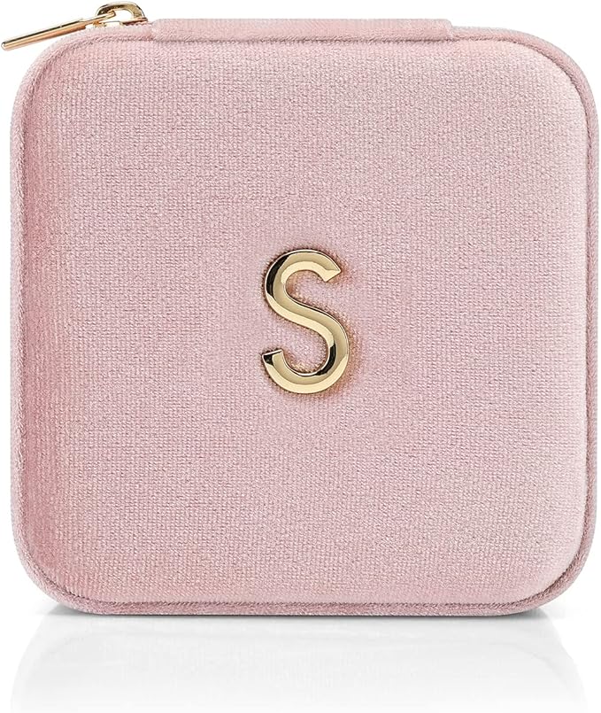 Vlando Small Travel Jewelry Box Organizer Display Case for Rings Earrings Necklaces Storage, Selected Soft Velvet, Letter S Engraved, Pink