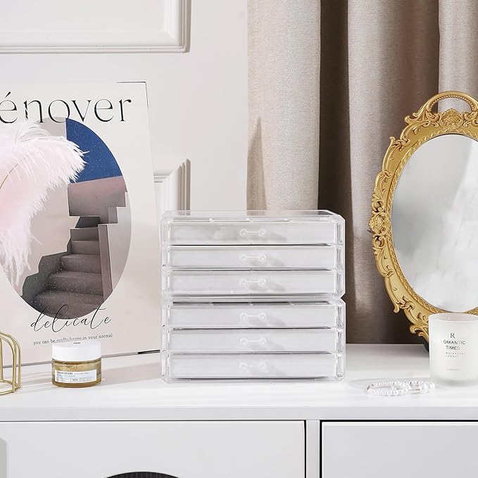 Lolalet Earring Holder Organizer Box Jewelry Storage with 6 Drawers, Clear Acrylic Stackable Earring Case with Adjustable Velvet Trays for Women on Dresser Vanity -Warmwhite, 6 Layers