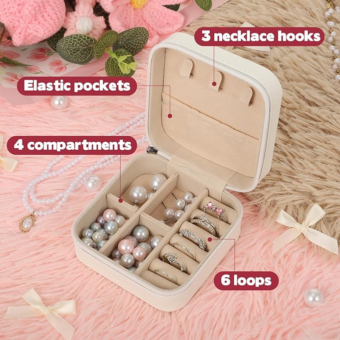 2 Pcs First Communion Travel Jewelry Box, Small Zippered Jewelry Case with Soft Lining, White Square Keepsake Box for Rings Earrings Necklaces, Religious Keepsake Gift for Baptism or Wedding(2, White)