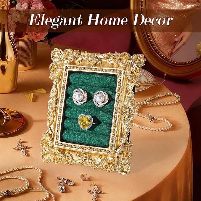 Vintage Ring Holder Rectangle Gold Velvet Display Stand - Baroque Jewelry Organizer Box Tray for Wedding Engagement Anniversary Women Birthday Christmas Gift Photograph Prop (MPF05-Gold Green)
