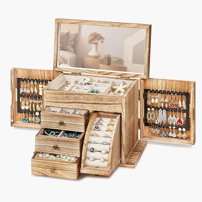Poyilooo Jewelry Box Organizer, Solid Wood Jewelry Boxes fow Women with Mirror, Double Layer Jewelry Organizer Box Display Earring Necklace Bracelet Ring, Rustic Style Small Jewelry Box for Girls