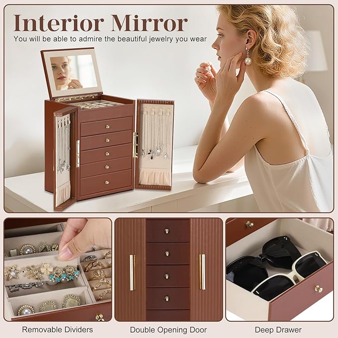Dajasan Large Jewelry Organizer Box, Jewelry Boxes for Women Girls, 6-Tier Jewelry Storage Organizer with Mirror for Necklace Ring Bracelet Watch, Gift Idea (Brown)