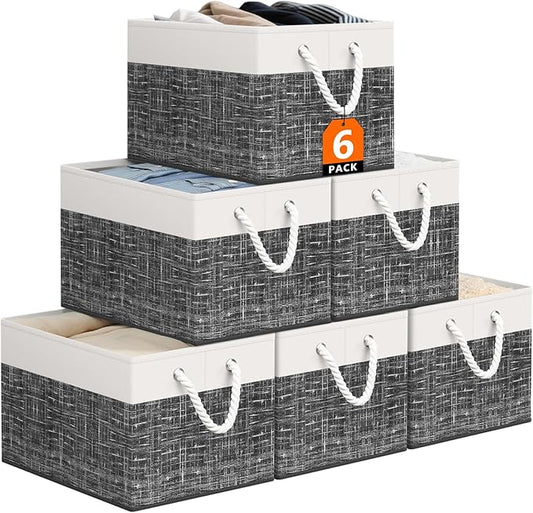 StorageTastic Storage Bin,Collapsible Storage Basket For Organizing,Large Storage Boxes With Rope Handles,Storage Containers,White & Black,6 Pack