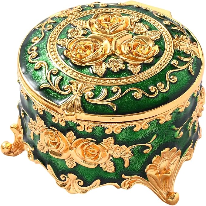 Vintage Jewelry Box, Gold Round Treasure Ring Box, Metal Trinket Organizer Keepsake Box Gift for Girl Women, Green