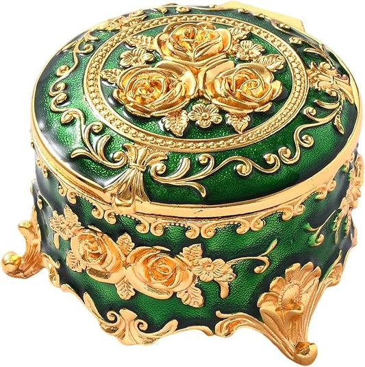 Vintage Jewelry Box, Gold Round Treasure Ring Box, Metal Trinket Organizer Keepsake Box Gift for Girl Women, Green