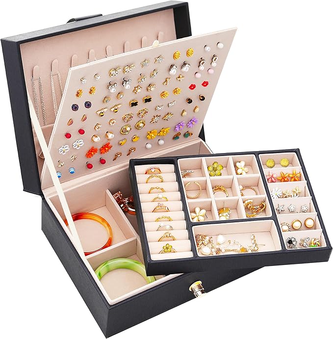 Earrings Jewelry Box for Girls, Large Capacity Jewelry Organizer with 40-Pair Earring Board, 2-Layer Leather Jewelry Storage Box for Necklaces Rings Bracelets with Removable Tray(Gift Idea),Black