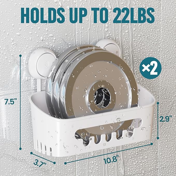 TAILI Shower Caddy Suction Cup 2 Pack, Heavy Duty Bathroom Organizer, Removable Shelves for Inside Shower, Shampoo, Waterproof Suction Plastic Storage for Bathroom Accessories Holder, White