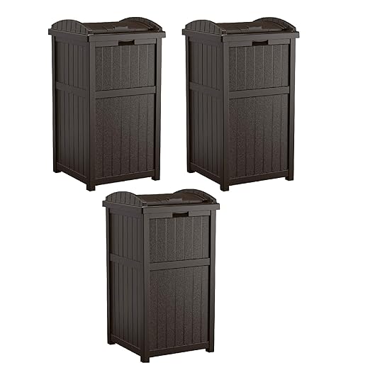 Suncast 3 Pack 33 Gallon Durable Plastic Hideaway Outdoor Garbage Can with Secure Lid & Wicker Design for Home Backyards, Decks, or Patios, Java Brown
