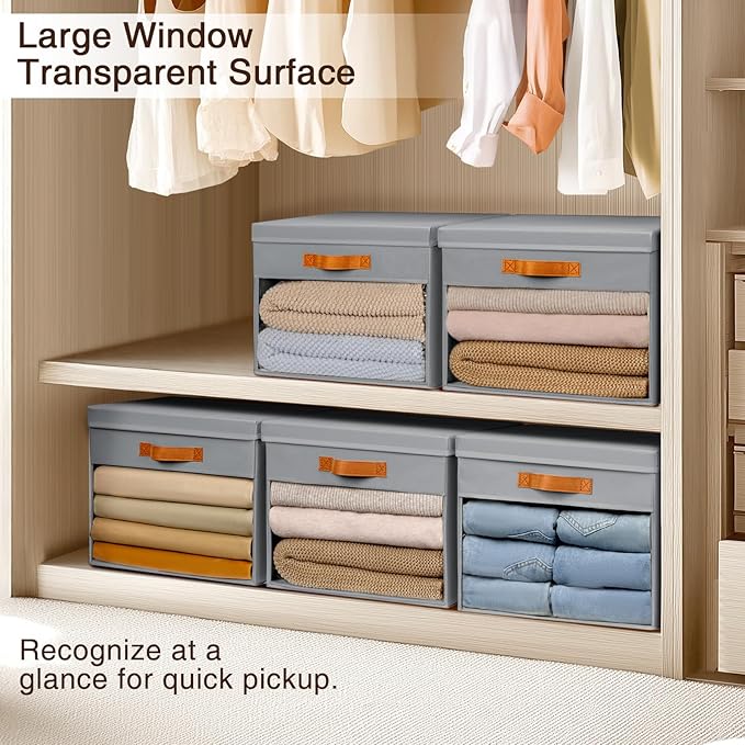 Homsorout Large Storage Bins with Lids - 4 Pack Foldable Decorative Organizers with Clear Windows & Handles, Cube Storage Organizers for Clothes, Blankets, Sweaters, Sheets, Grey