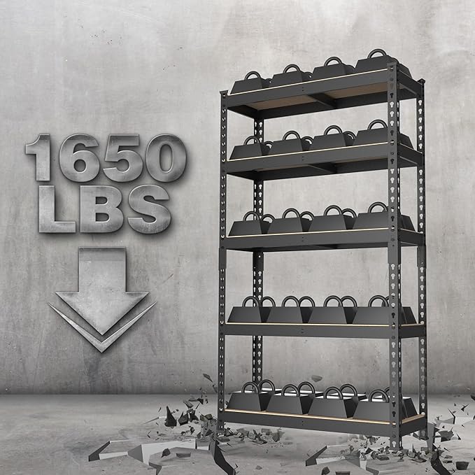 WORKPRO 5-Tier Steel Shelving Unit-Black, 27-2/5"W x 11-7/10"D x 60" H, Adjustable Storage Rack, Heavy Duty Shelf with MDF Board, 1650 lbs Load Capacity (Total) for Garage, Basement, Kitchen
