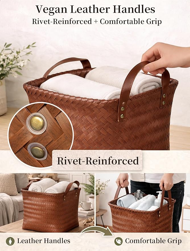 Hand Woven Baskets for Storage, 4Pcs Water-Resistant Wicker Baskets, Brown Wicker Storage Baskets for Shelves, Large Basket with Handle for Organizing, Clothes, Laundry, Blanket - Square
