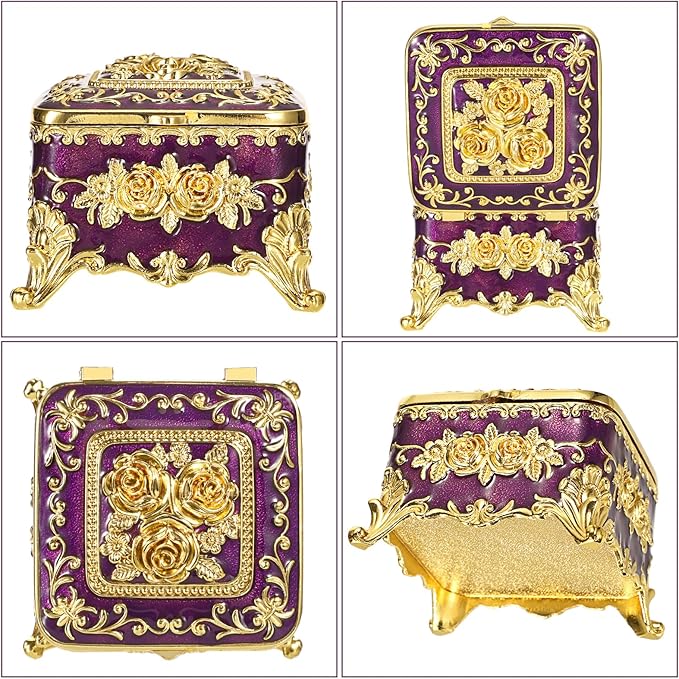 Hipiwe Vintage Jewelry Box Small Trinket Storage Organizer Box Gold Metal Chest Ring Case Treasure Chest Square Keepsake Boxes for Earrings Necklace Gift for Women,Purple