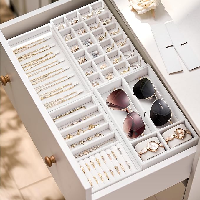 Velvet Jewelry Drawer Organizer Trays – White Stackable Jewelry Storage Inserts Set, 4-Layer Jewelry Tray Set for Earrings, Rings, Necklaces, Bracelets with Removable Dividers for Dresser & Vanity