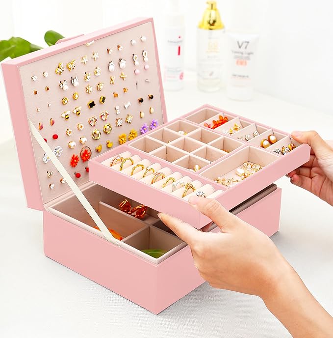 QBestry Girls Jewelry Box Earring Holder Organizer for Girls Earring Organizer Teen Jewelry Box Organizer for Girl Pink jewelry Boxes for Earrings Necklaces Rings Stud Earrings Box Organizers Teens