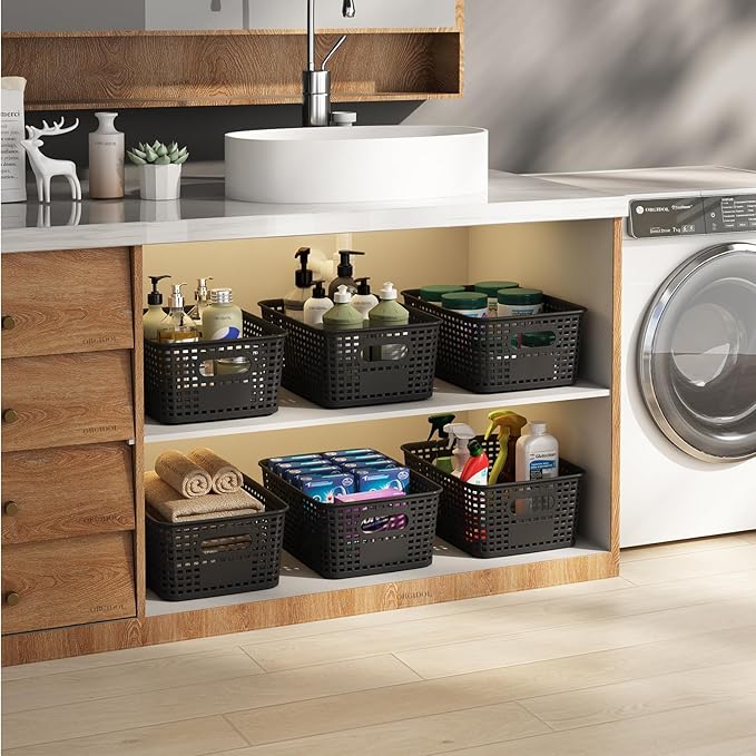 ORGIDOL Plastic Storage Basket with Lids 12 Pack Stackable Black Storage Bins Containers with Lid, Decorative Storage Boxes for Organizing Shelves, Drawers, Playroom, Classroom, Office, Closet