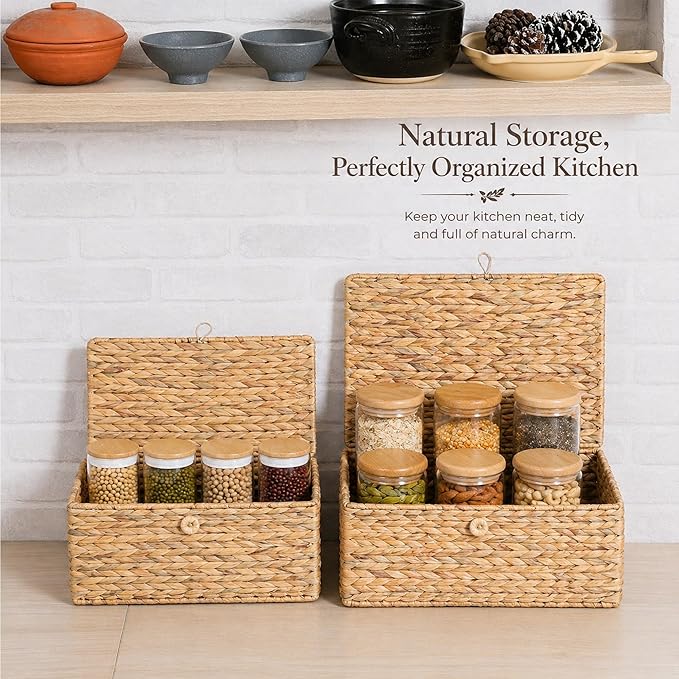 LUSYDECO Set of 2 Rectangular Wicker Storage Bins with Lid, Rattan Basket Decorative Boxes, Multipurpose Organizer Display Boxes for Shelf Organizer, Boho Rattan Box for Home Decoration