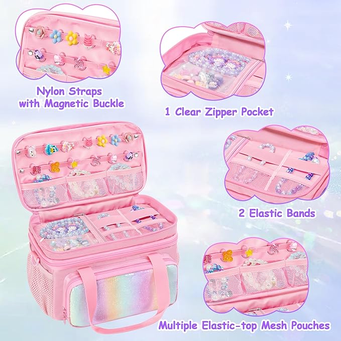 GRAOSO Double Layer Jewelry Organizer Storage for Kids Girls, Travel Jewelry Case Bag, Portable Jewelry Box with Handle and Detachable Shoulder Strap for Necklaces, Earrings, Rings, Pink (Case Only)