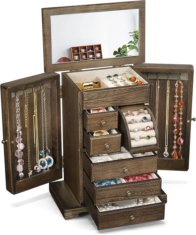 Jewelry Box for Women, Rustic Wooden Jewelry Boxes & Organizers with Mirror & Drawers,6 Layer Jewelry Organizer Box for Rings Earrings Necklaces Bracelets (Vintage)