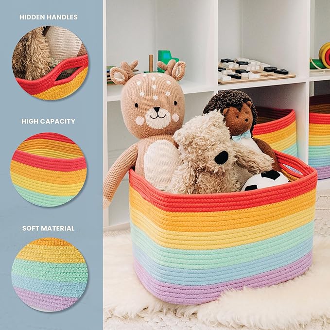 OrganiHaus Set of 3 Rainbow Baskets - Colorful Woven Storage Baskets for Playroom, Nursery & Classroom Decor, Toy Storage, 15x9x10