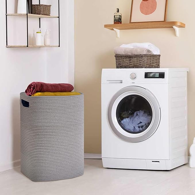 MEGASKET Large Laundry Hamper 16"x13"x22" - Tall Woven Laundry Basket, Cotton Rope Dirty Clothes Hamper, Baby Kids Nursery Wicker Laundry Basket, Bedroom Aesthetic, Soft Laundry Bin, Gray Hamper, 75L