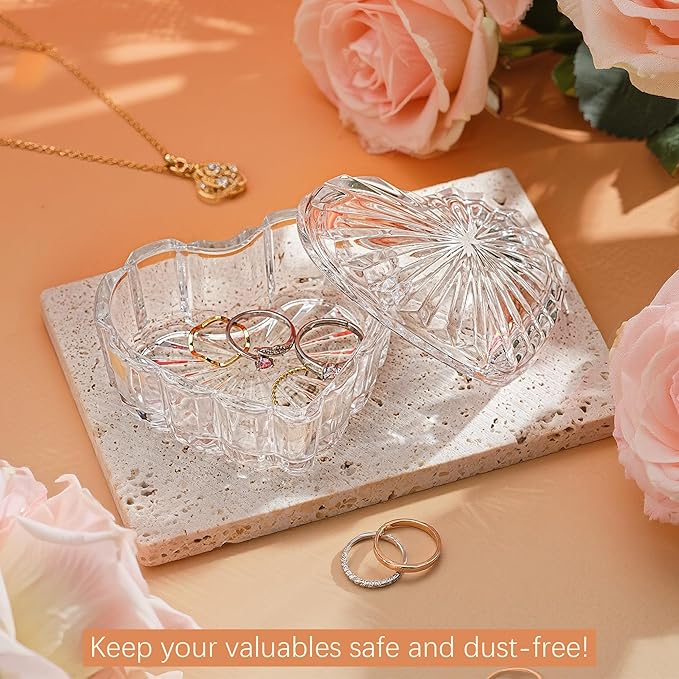 kanpura Clear Glass Jewelry Box Heart Shape Cute Box for Storage Ring Earring Trinket Vintage Decorative Glass Jar with Lid Christmas Gift for Women, Mom